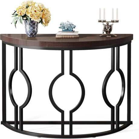Semi Circle, Half Moon Console Table For Entryway With Geometric Base For Living Hallway - Rustic Brown