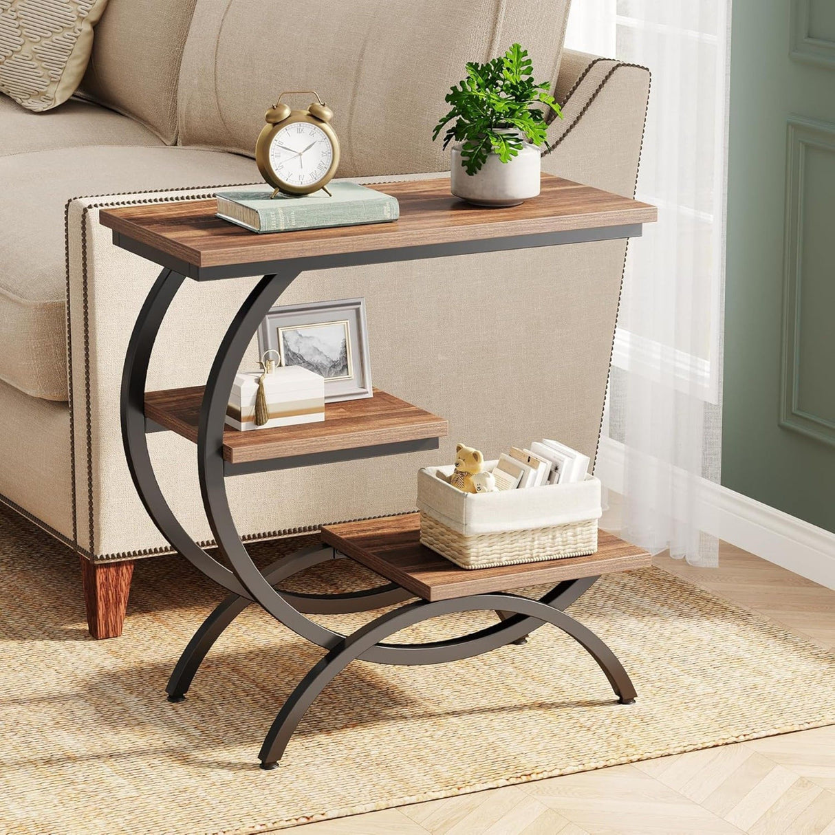 C-Shaped 3 Tier Side Table - Rustic Brown