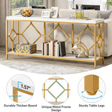 Extra Long Sofa Table With Diamond Pattern Frame, 2 Tier Open Storage For Living Room - White / Gold