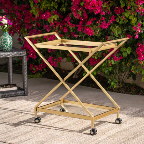 Sherianne - Industrial Bar Cart With Tempered Glass Shelves And Swivel Wheels - Gold