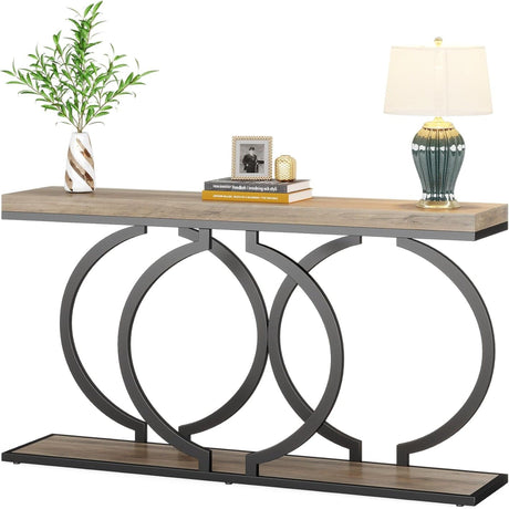 Console Table Narrow Long With Geometric Frame - Gray