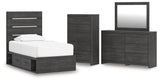 Hollivern - 4 Pc. - Twin Panel Storage Bed, Dresser, Mirror And Chest - Dark Gray