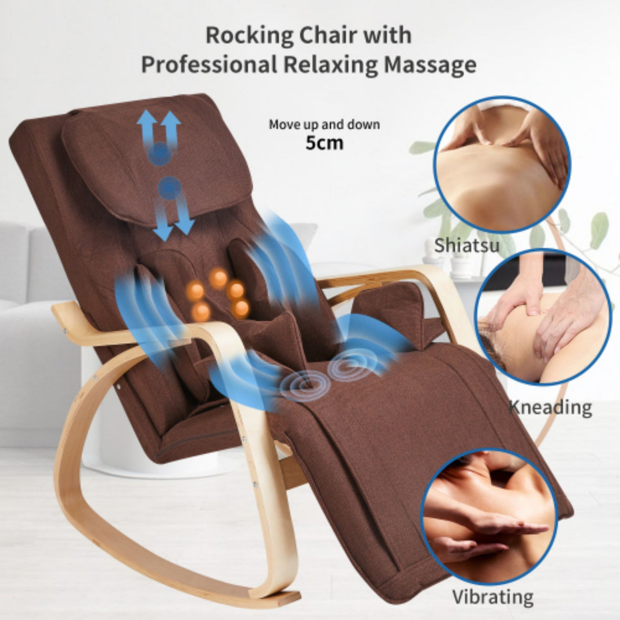 Comfortable Relax Rocking Chair With Full Massage Function Cotton Fabric Air Pressure - Brown