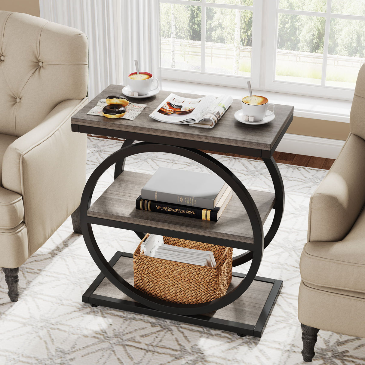 Industrial Narrow End Table With 3 Shelves