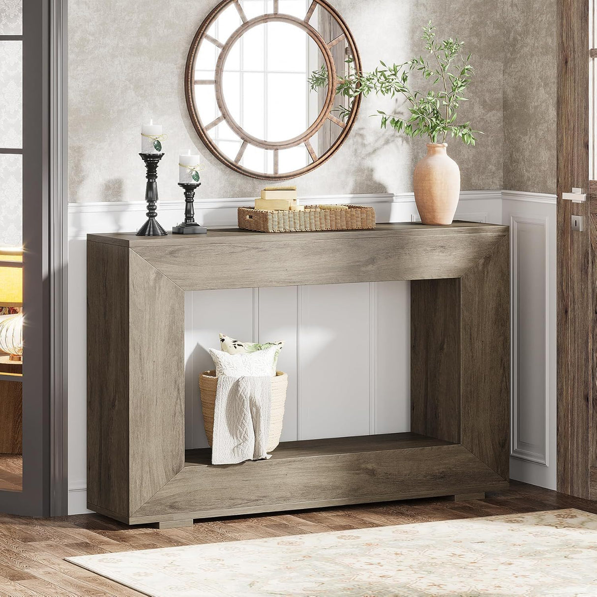 Narrow Entryway Storage Console Table With Open Shelf