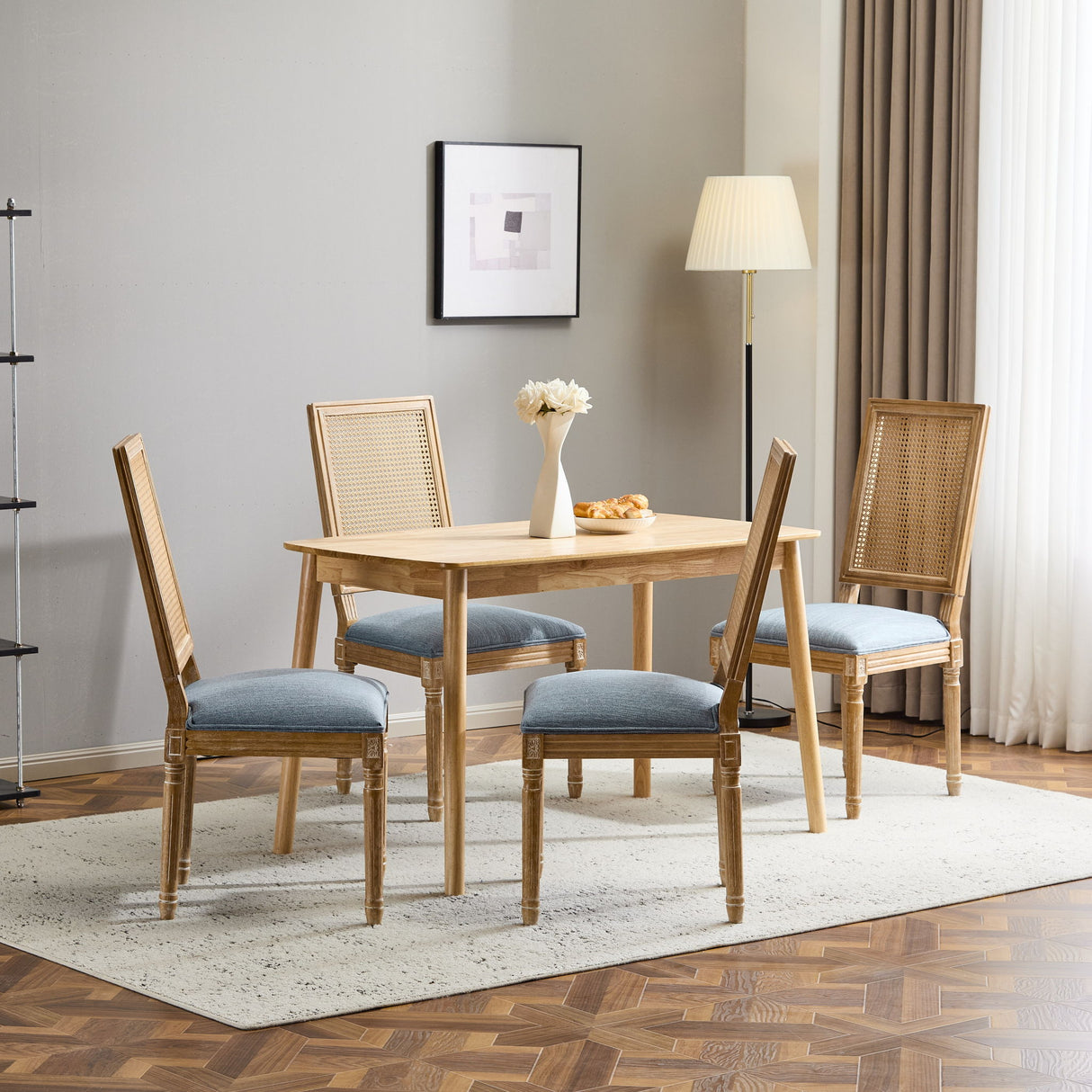 French Country Dining Chair With Rectangular Cane Backrest And Smooth Upholstered Seating