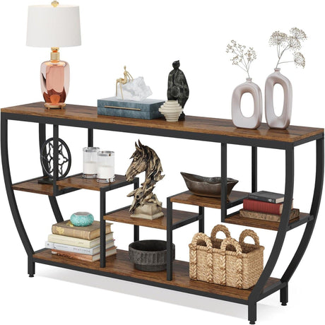 Extra Long Entryway Console Sofa Table With 7 Tier Shelves - Brown / Black