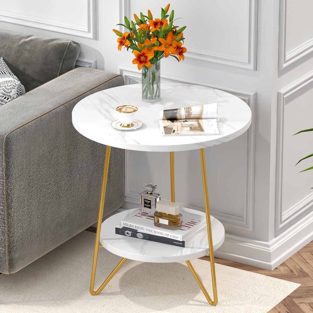 Round End Table With Hairpin Legs, 2 Tier For Living Room - White / Gold