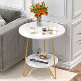 Round End Table With Hairpin Legs, 2 Tier For Living Room - White / Gold