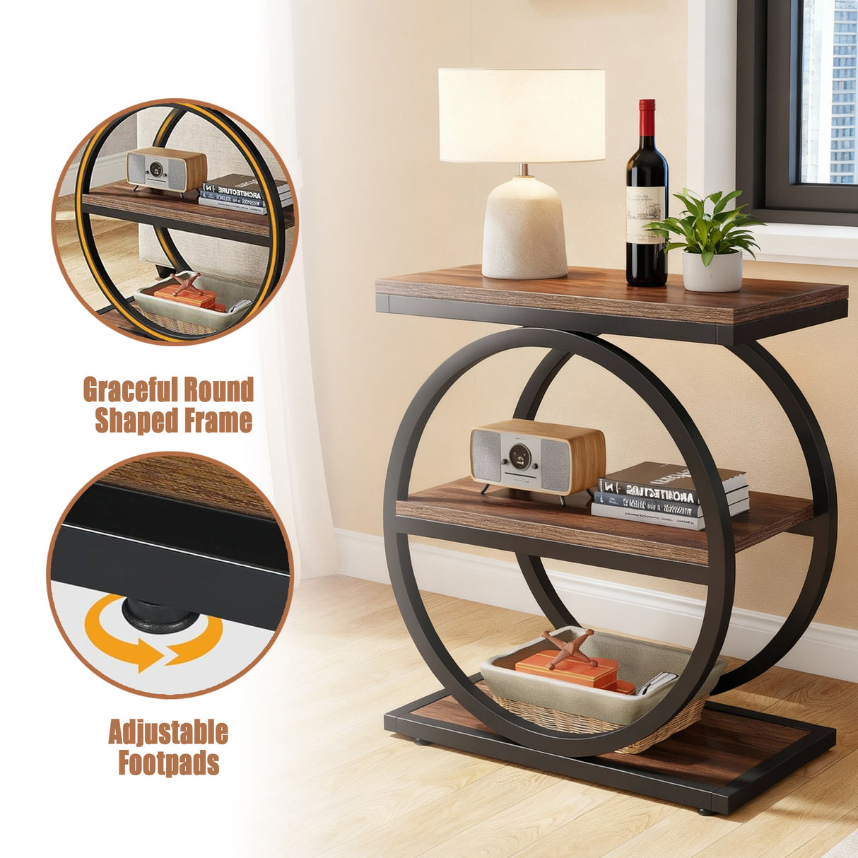 Industrial Narrow End Table With 3 Shelves