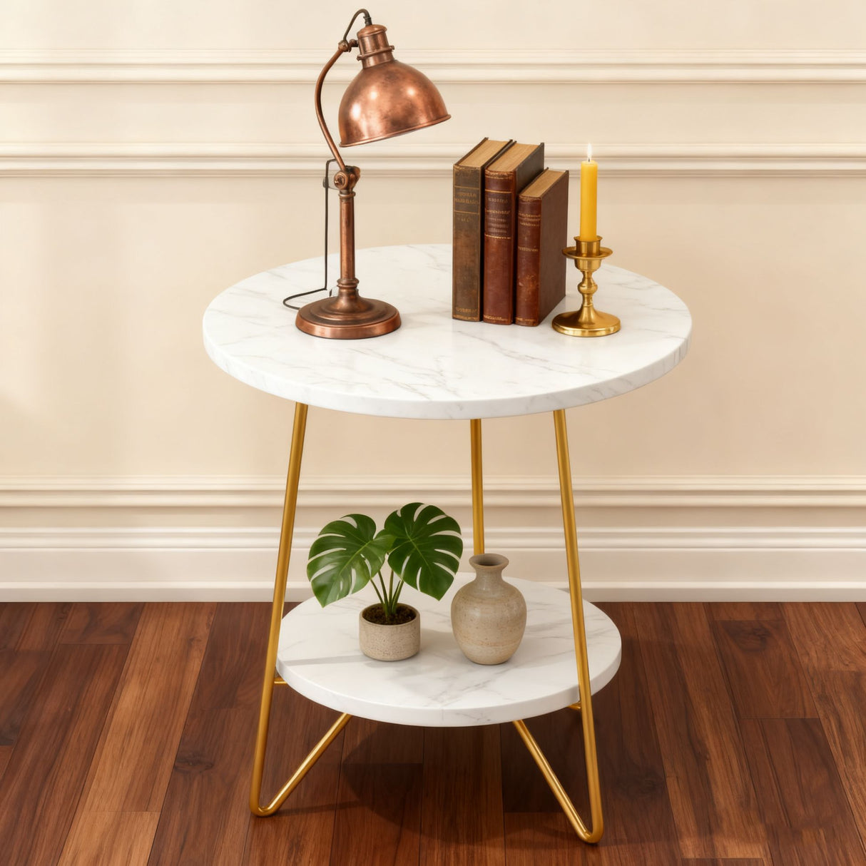 Round End Table With Hairpin Legs, 2 Tier For Living Room - White / Gold