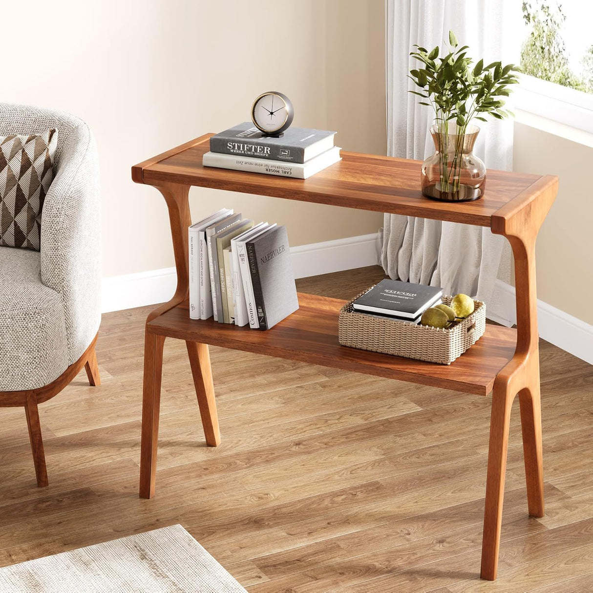 Narrow End Table With 2 Tier Shelf - Cherry
