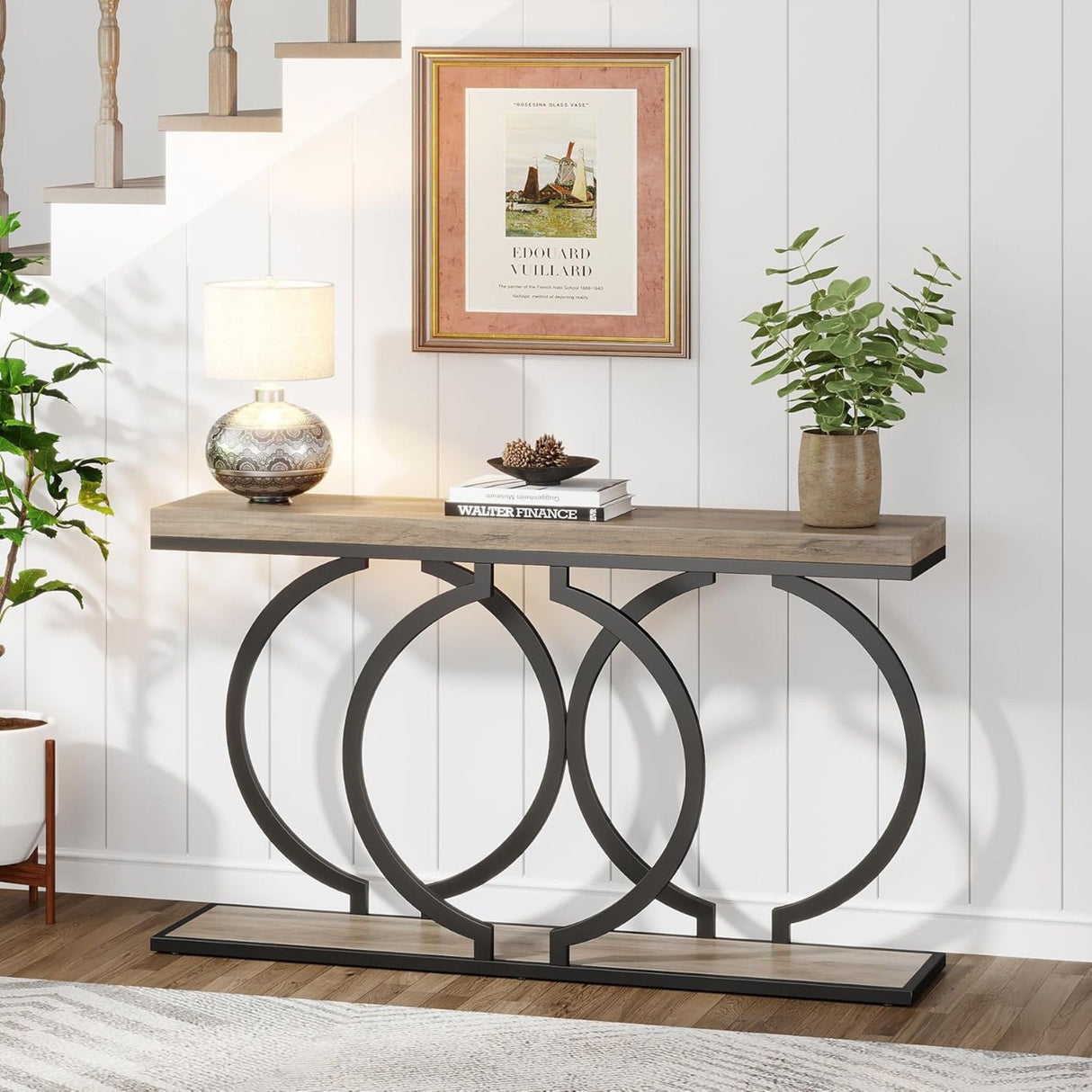 Console Table Narrow Long With Geometric Frame - Gray