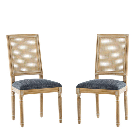 French Country Dining Chair With Rectangular Cane Backrest And Smooth Upholstered Seating