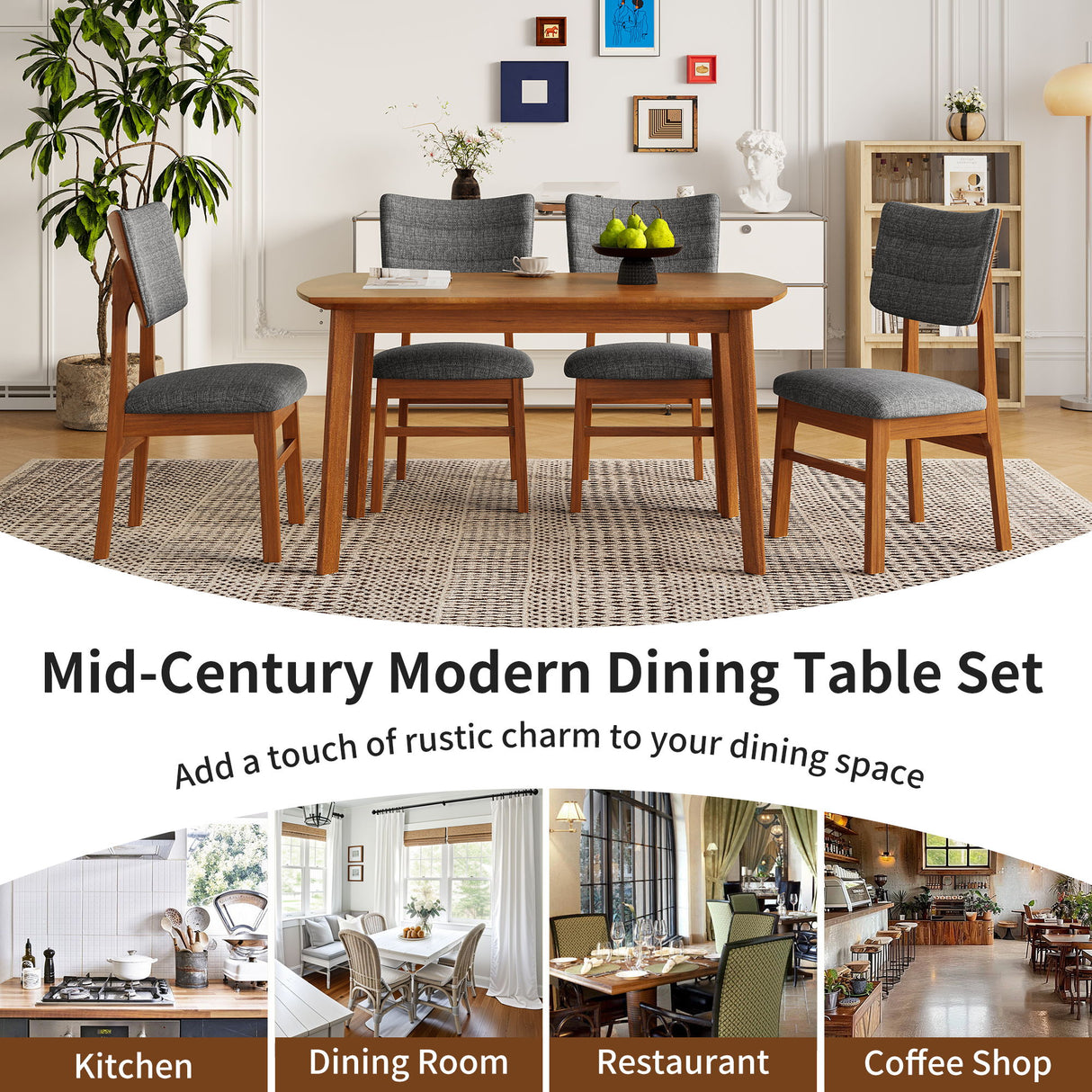 Mid Century Modern Dining Table Set For 4, Solid Wood Dining Table And Solid Wood Chairs, 5 Pieces Farmhouse Dining Table And 4 Upholstered Chairs - Brown / Gray