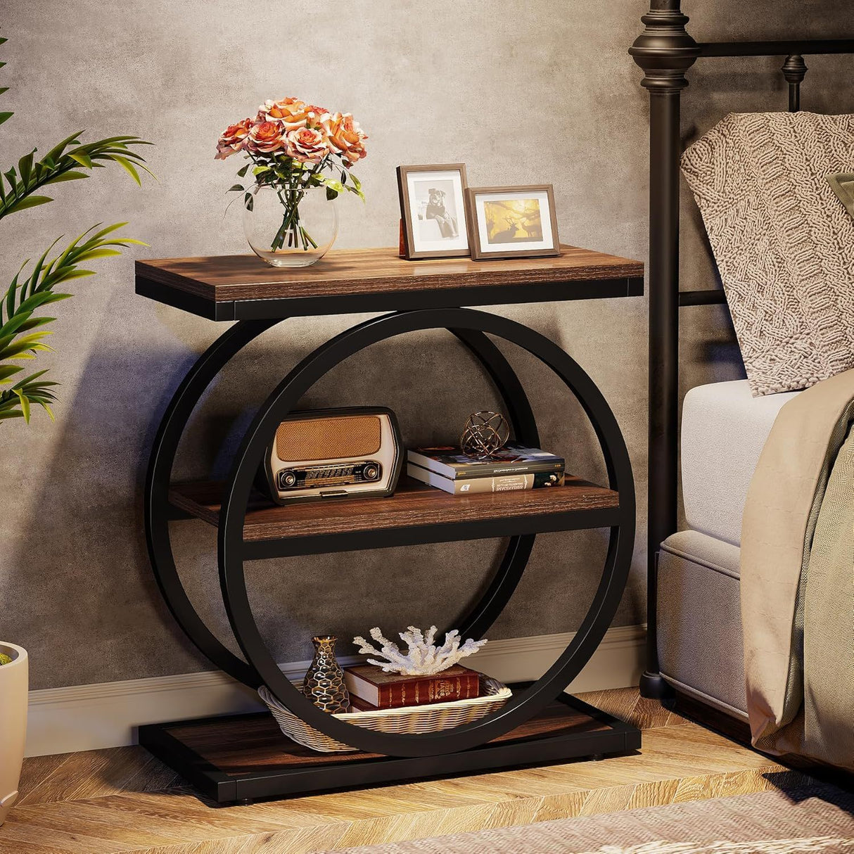 Industrial Narrow End Table With 3 Shelves