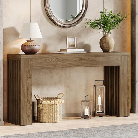 Console Table With Vertical Slat Legs For Entryway - Rustic Brown