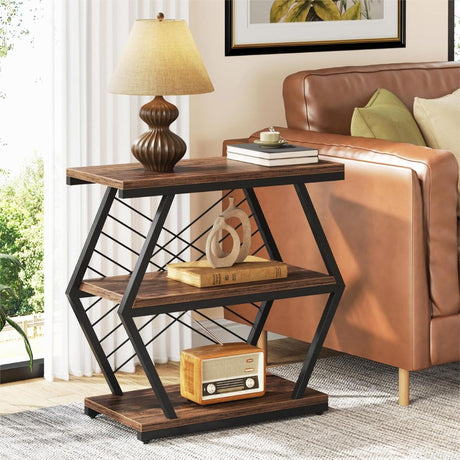 3 Tier End Table Frame With Geometric Design For Living Bedroom - Rustic Brown