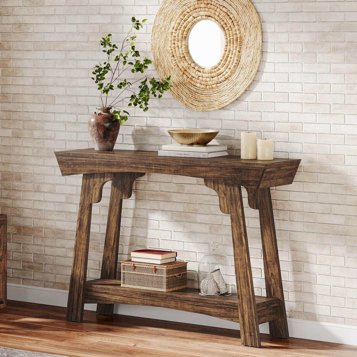 Console Table With 2 Tier Storage - Rustic Brown