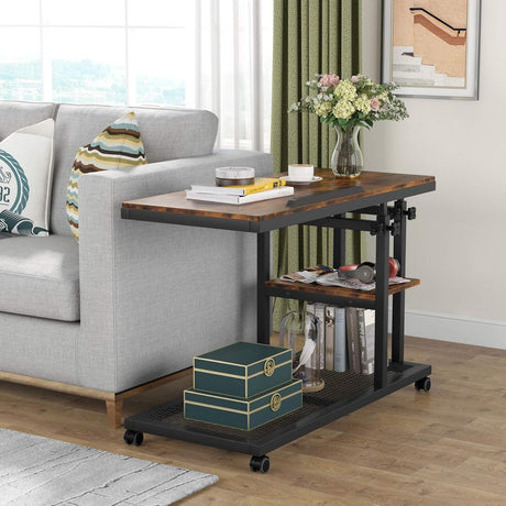 C-Shaped Adjustable End Table With Wheels And Tilting Top With Side Pocket And Storage Shelf - Brown / Black