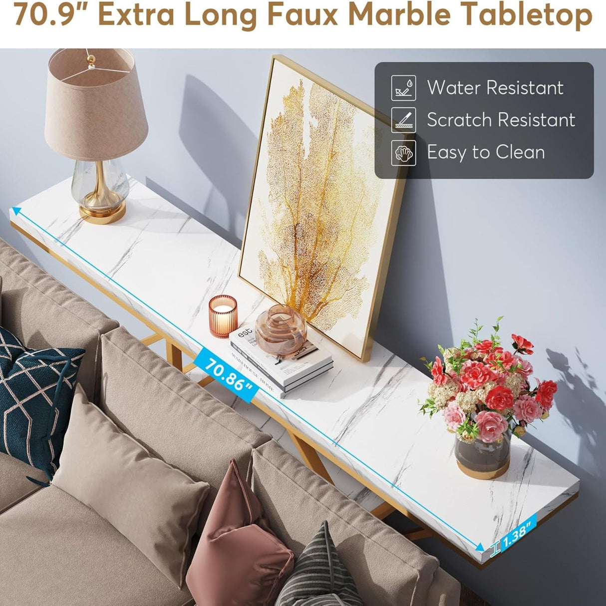 Extra Long Console Table With 4 Tier Storage For Living Hallway - White / Gold