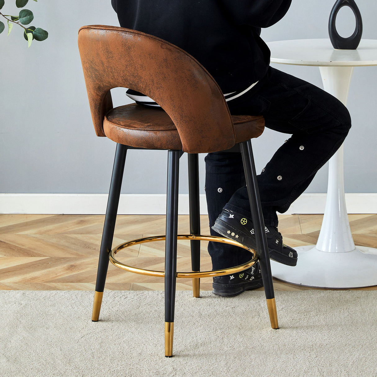 Upholstered Rotatable Bar Chair With Metal Legs For Dining Room