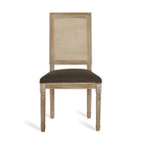 French Country Dining Chair With Rectangular Cane Backrest And Smooth Upholstered Seating