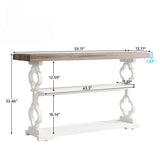 Console Sofa Table With 3 Shelves, Floral Carved Accent - Gray / White