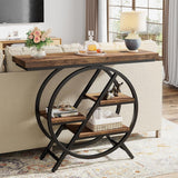 4 Tier Entryway Console Table With Geometric Circle Frame & Storage Shelves - Rustic Brown