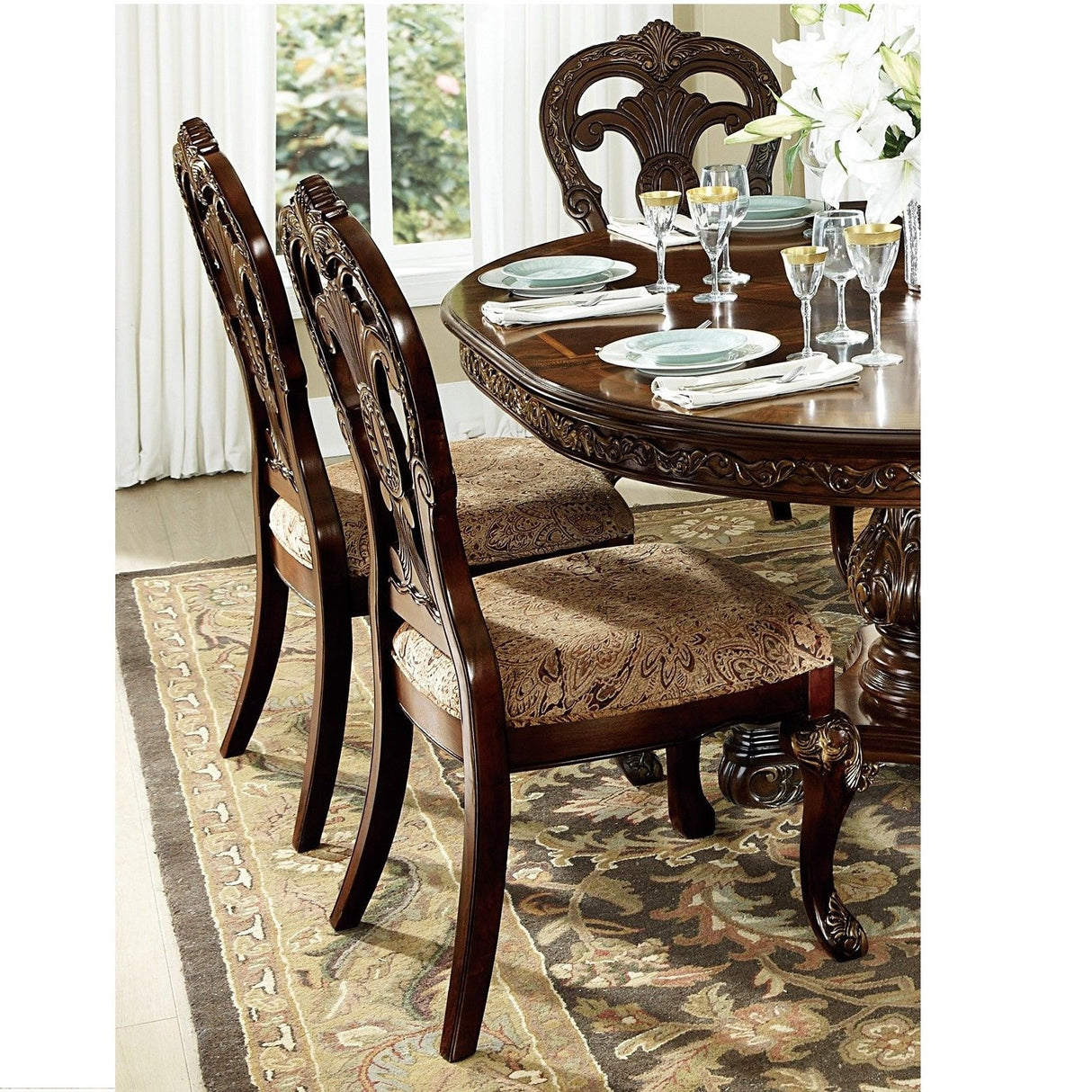 Elegant Style Beautiful Side Chairs 2 Piece Set Cherry With Tipping Fabric Upholstered Traditional Dining Furniture - Cherry