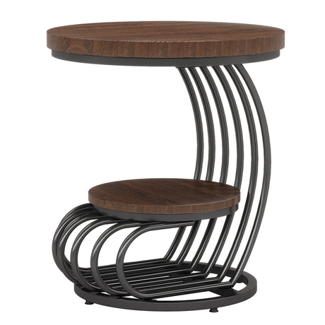 Round Vintage End Table With 2 Tier Storage