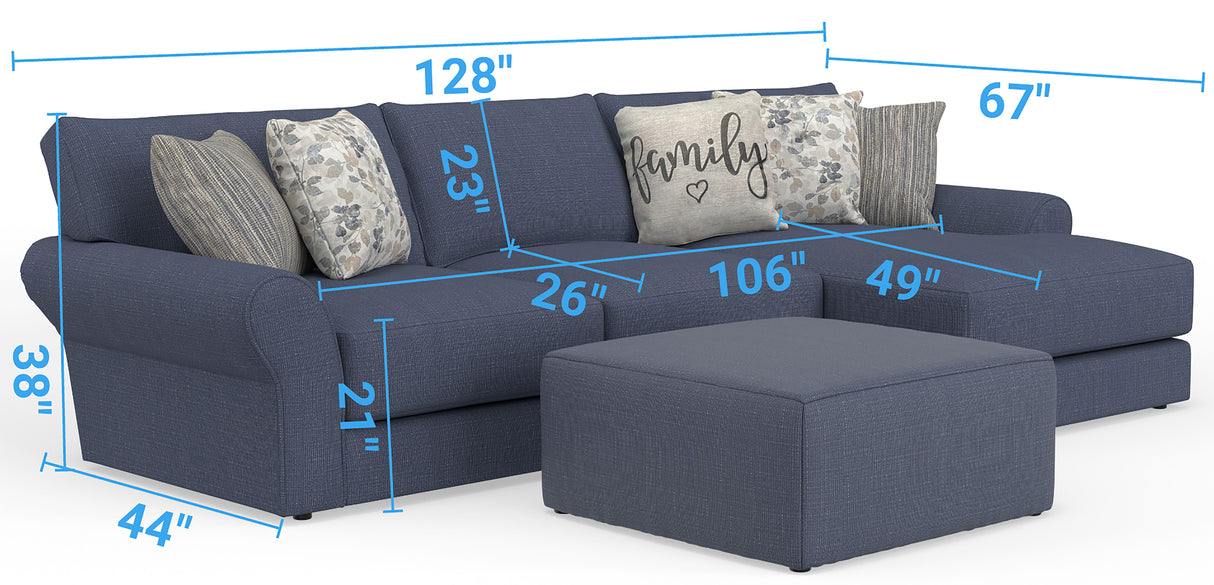 Cape May - Sofa Chaise With Comfort Coil Seating, 41" Cocktail Ottoman And 5 Accent Pillows