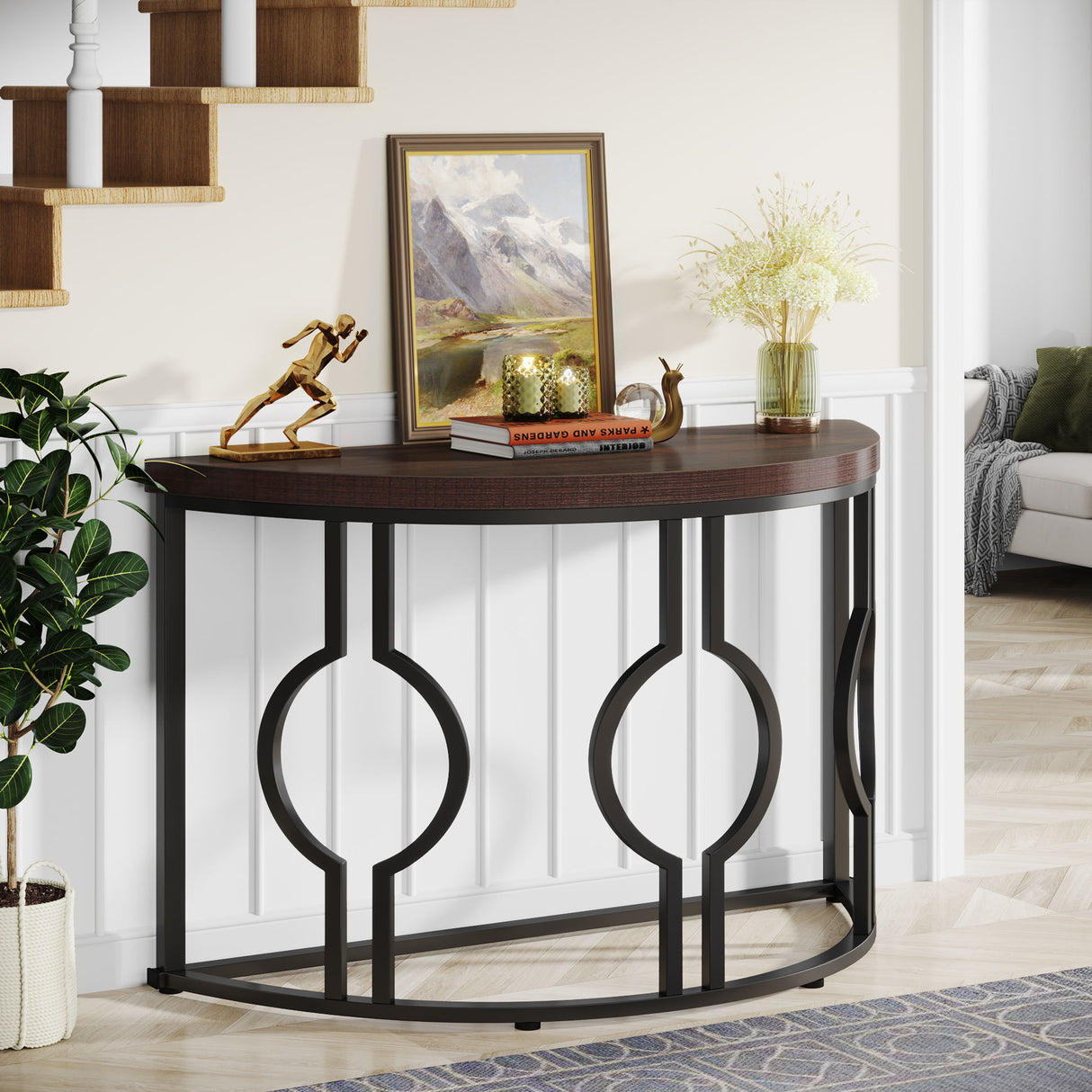 Semi Circle, Half Moon Console Table For Entryway With Geometric Base For Living Hallway - Rustic Brown