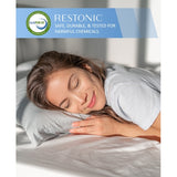 Restonic Black Hybrid Plush mattress with cooling TempaGel memory foam and Marvelous Middle technology, woman sleeping.