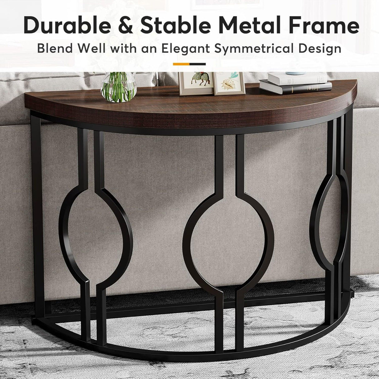 Semi Circle, Half Moon Console Table For Entryway With Geometric Base For Living Hallway - Rustic Brown