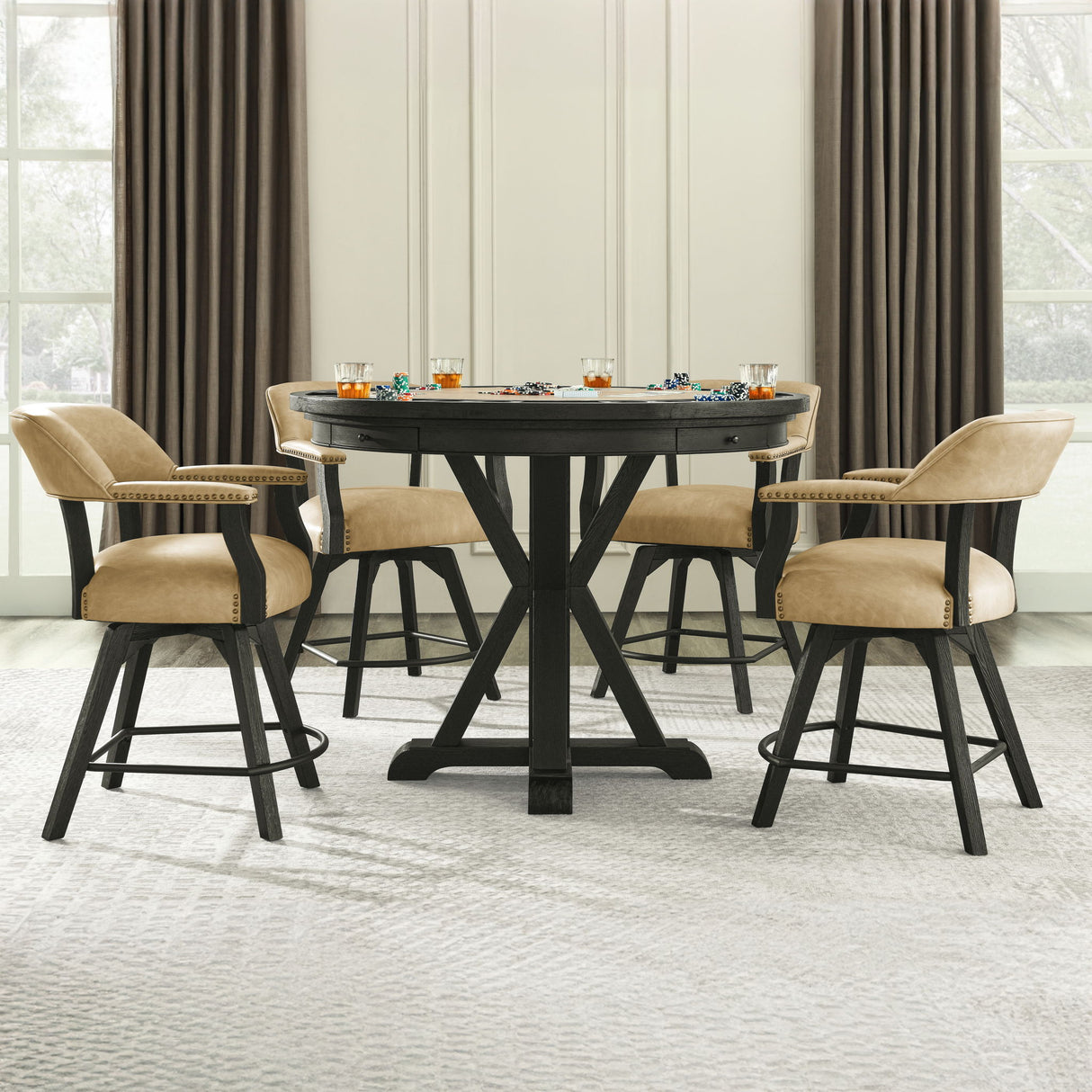 Rylie - 6 Piece Counter Dining Set (Counter Table With Game Top & 4 Counter Chairs) - Black / Sand
