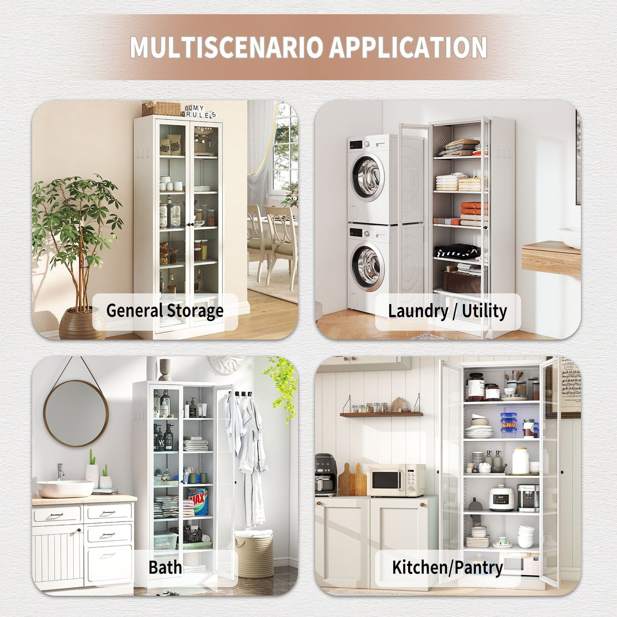 Industrial Metal Kitchen Pantry Cabinet With Adjustable Shelves - White