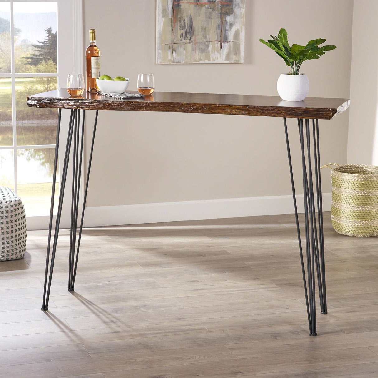 Modern Industrial Breakfast Bar Table, Metal Hairpin Legs & Wood Veneer Top - Natural