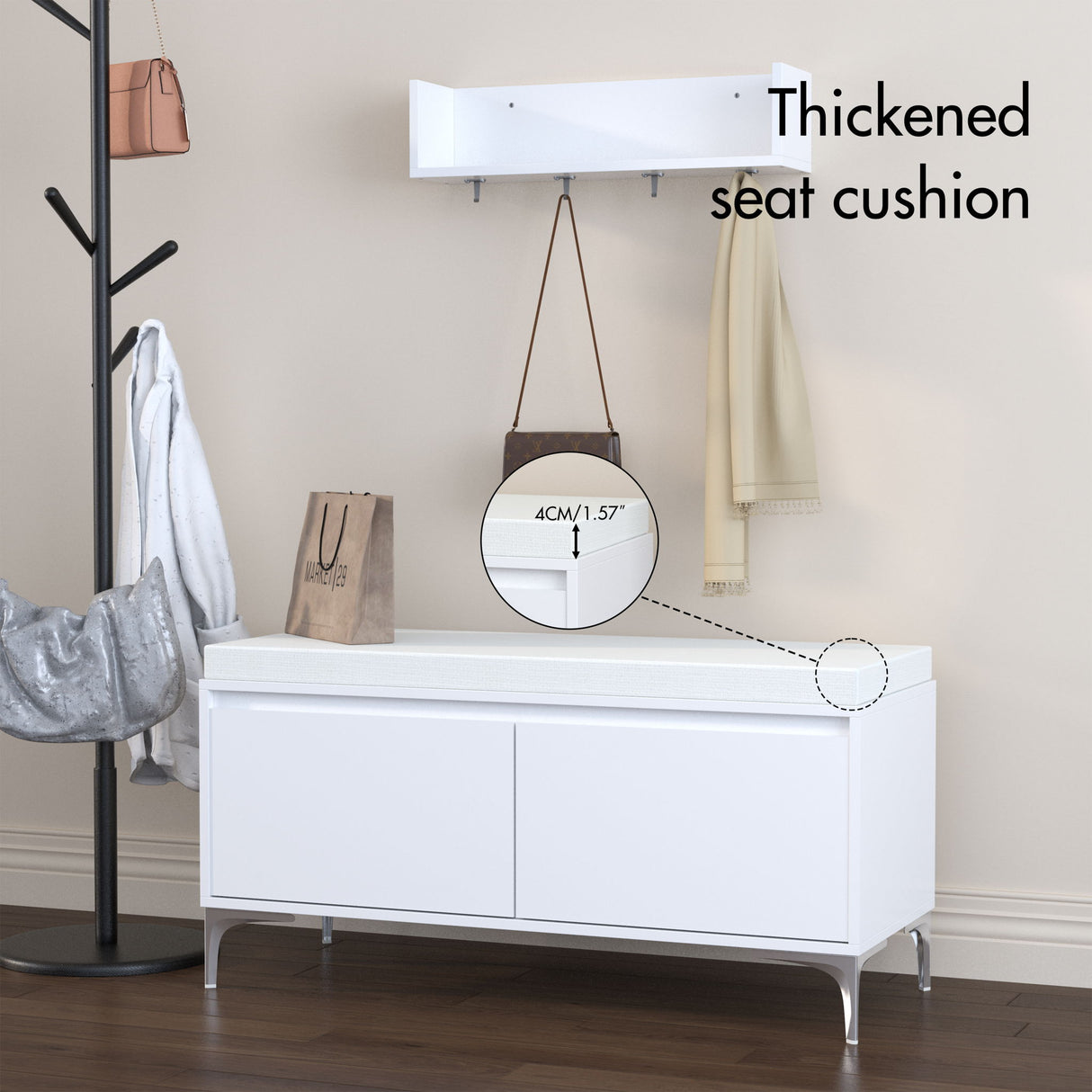 Wall Mounted Entryway Shelf With Hooks And Storage Bench Set - Off White