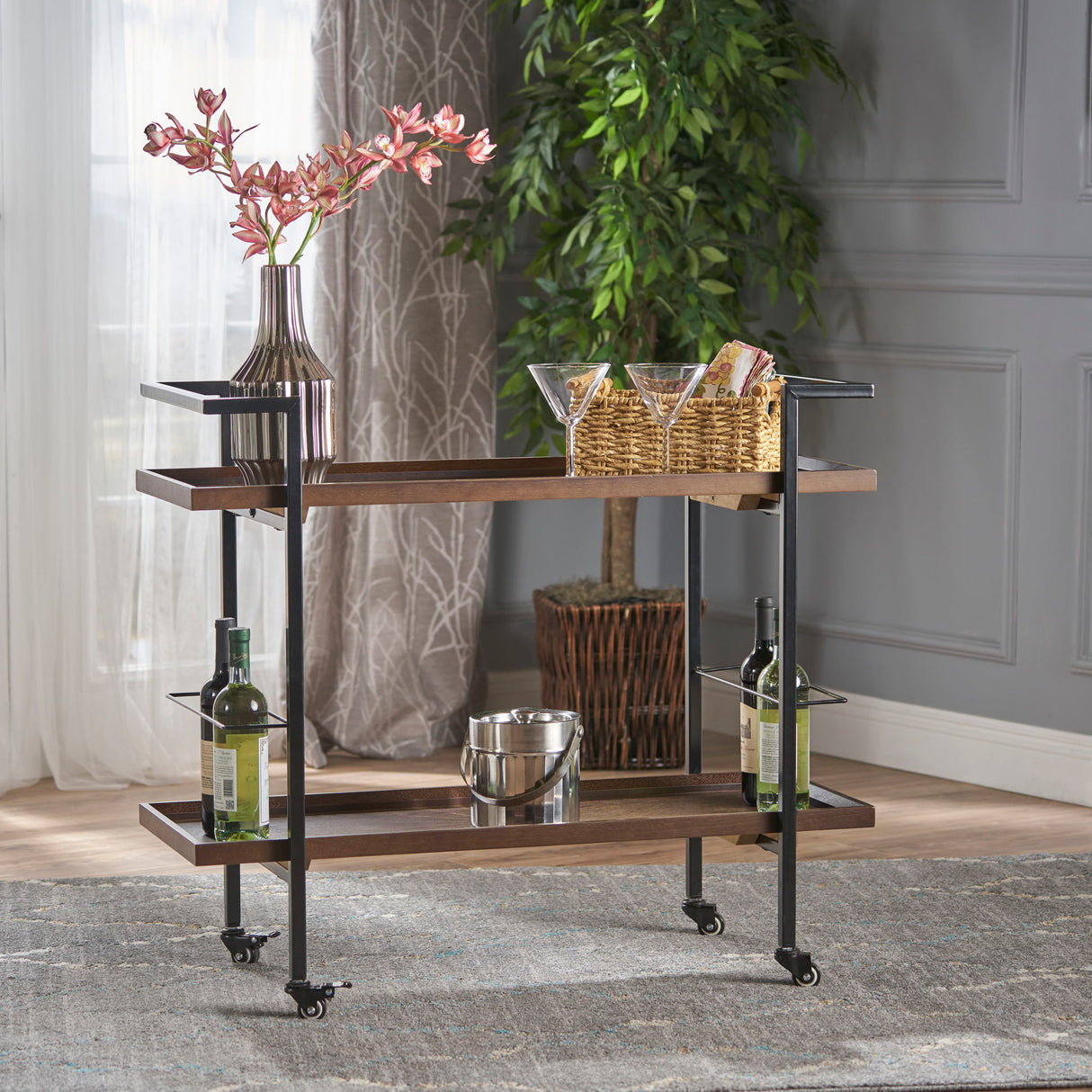 Modern Industrial Bar Cart With Shelving And Casters