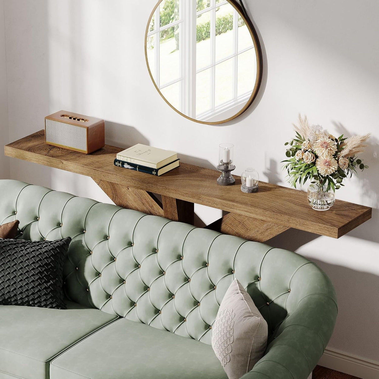 Long Console Table With Geometric Base - Oak