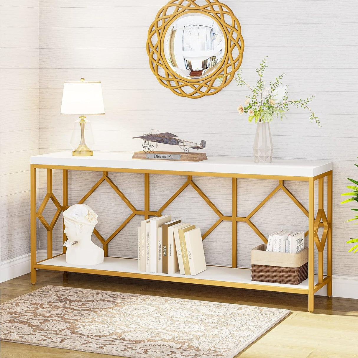 Extra Long Sofa Table With Diamond Pattern Frame, 2 Tier Open Storage For Living Room - White / Gold