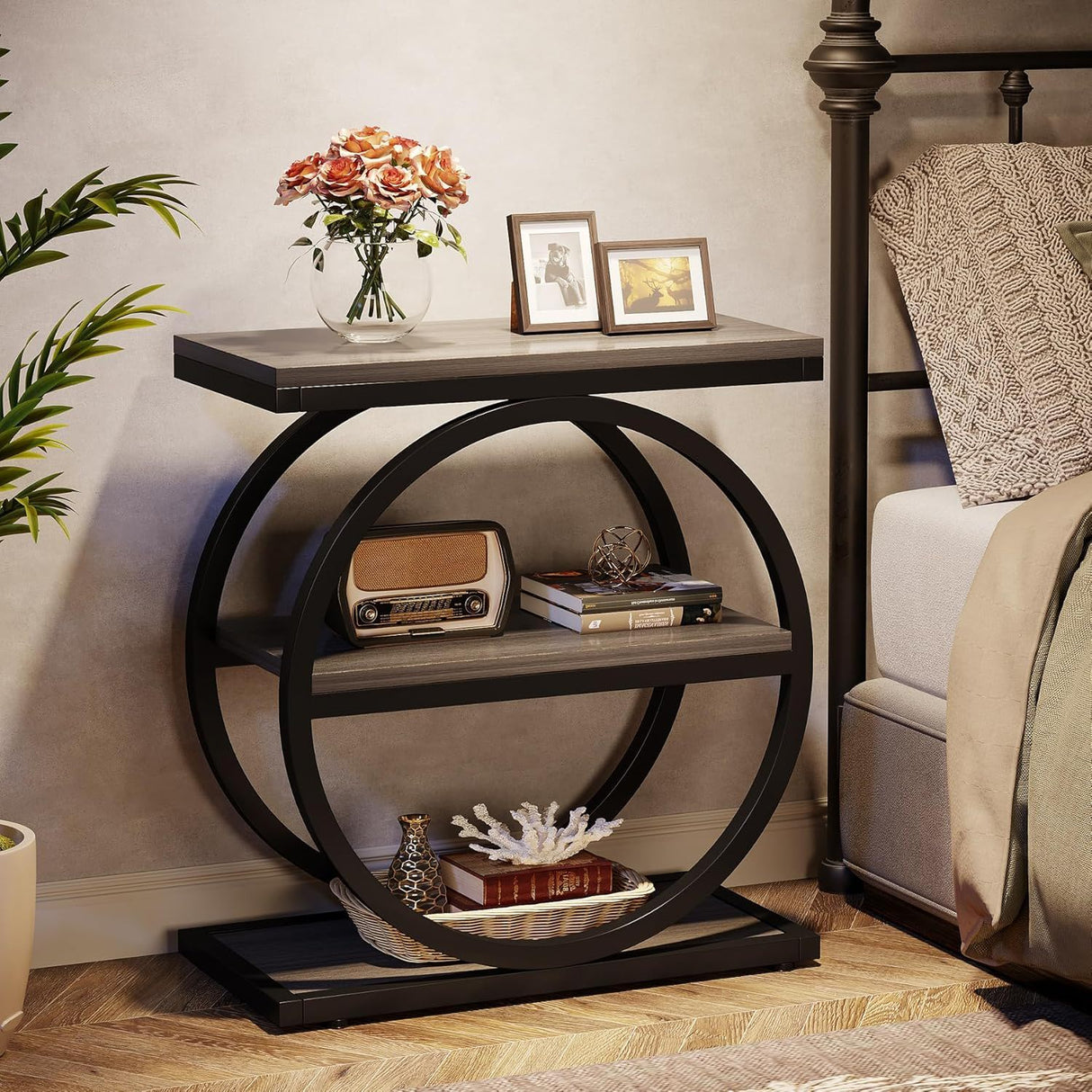 Industrial Narrow End Table With 3 Shelves