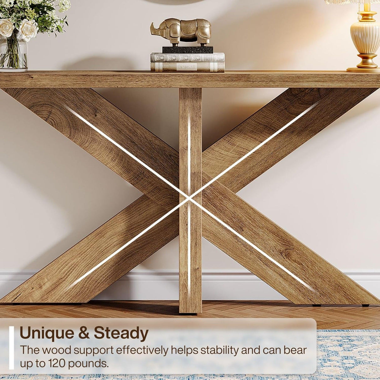 Long Console Table With Geometric Base - Oak