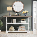 Console Sofa Table With 3 Shelves, Floral Carved Accent - Gray / White