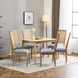 French Country Dining Chair With Rectangular Cane Backrest And Smooth Upholstered Seating
