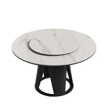 Modern Sintered Stone Dining Table With Round Turntable And Metal Pedestal - White