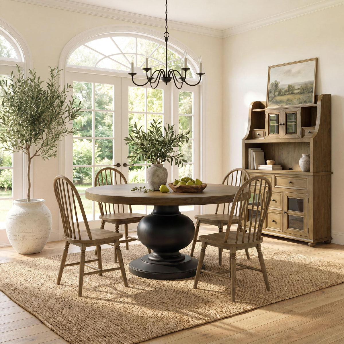 Heritage - 5 Piece Standard Height Dining Set (Round Table And Four Oak Brown Chairs) - Oak Brown And Black