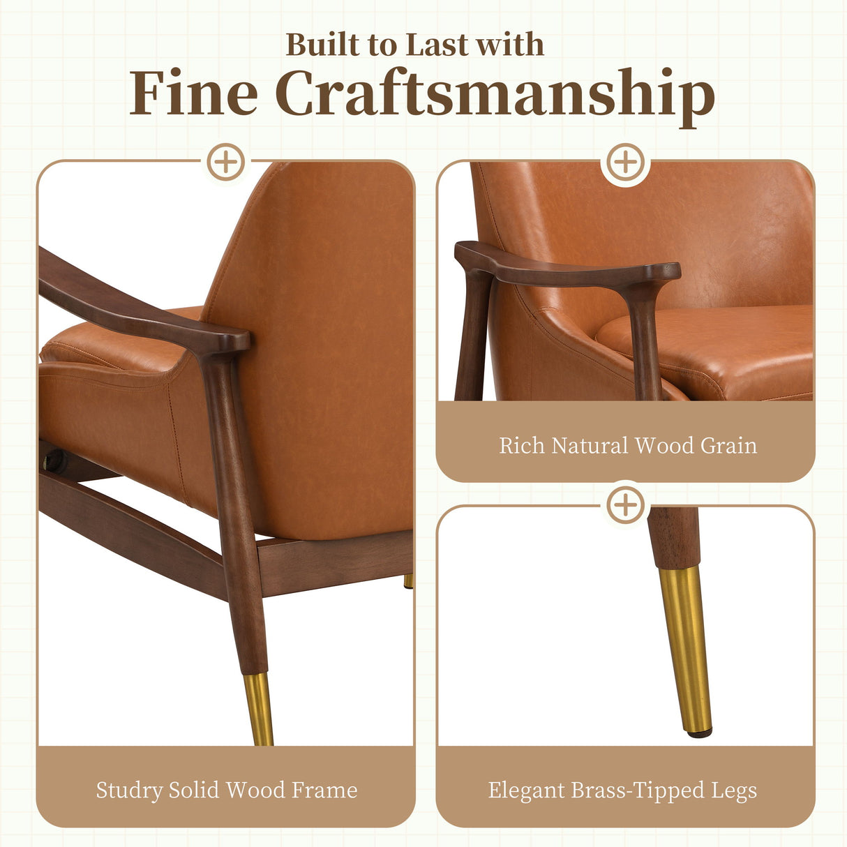 Mid - Century Accent Chair With Cushioned Seat, Brass Tipped Legs
