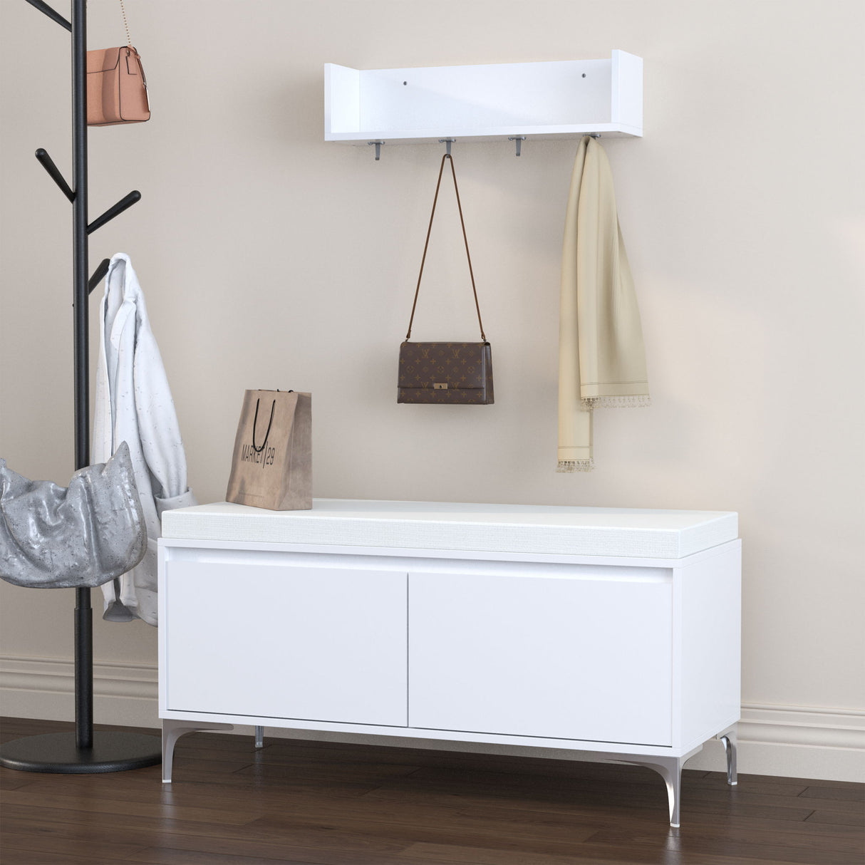 Wall Mounted Entryway Shelf With Hooks And Storage Bench Set - Off White